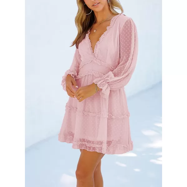 Happy Sailed Womens Summer Long Sleeve Dress 2023 Deep V Neck Ruffle Layer Swing Mini Dresses