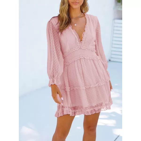 Happy Sailed Womens Summer Long Sleeve Dress 2023 Deep V Neck Ruffle Layer Swing Mini Dresses