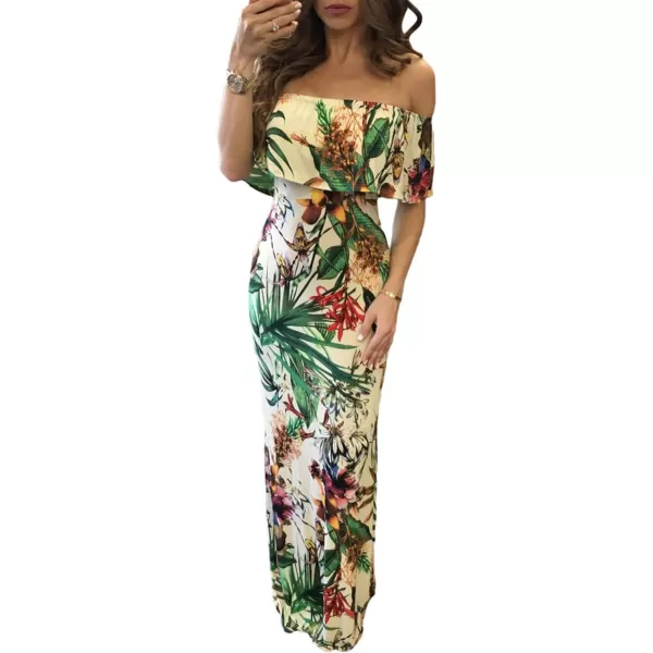 Happy Sailed Womens Summer Off The Shoulder Ruffle Floral Printed Hawaiian Long Beach Maxi Dress