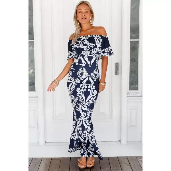 Happy Sailed Womens Summer Off The Shoulder Ruffle Floral Printed Hawaiian Long Beach Maxi Dress