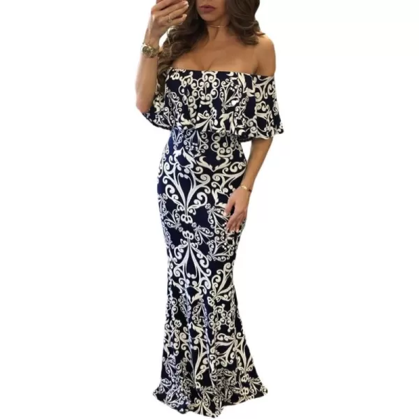 Happy Sailed Womens Summer Off The Shoulder Ruffle Floral Printed Hawaiian Long Beach Maxi Dress