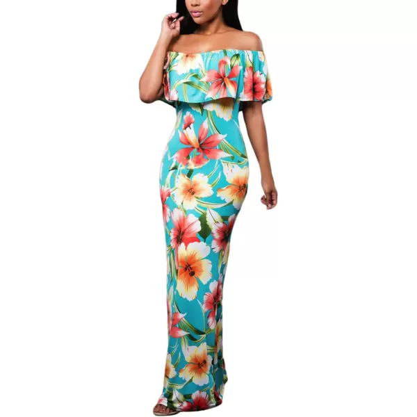 Happy Sailed Womens Summer Off The Shoulder Ruffle Floral Printed Hawaiian Long Beach Maxi Dress