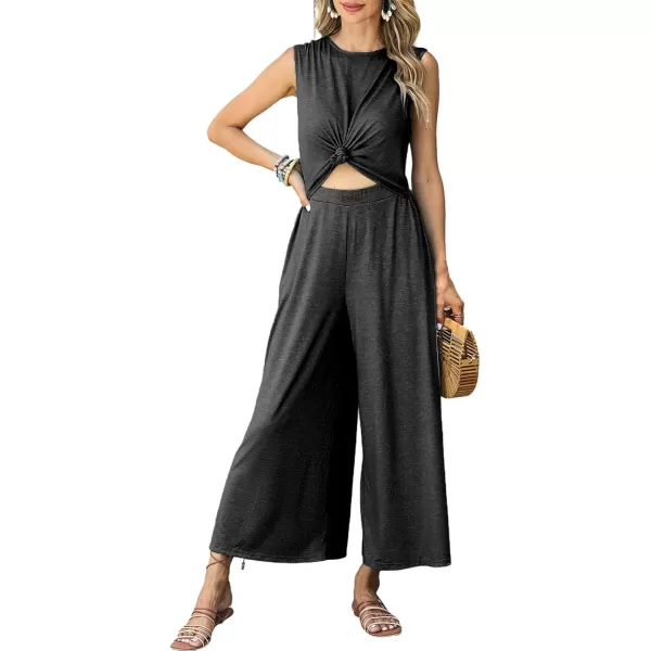Happy Sailed Women's Summer One Piece Outfits Casual Sleeveless Cut Out Front Knot Jumpsuits Wide Leg Romper with Pockets