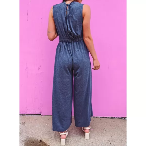 Happy Sailed Women's Summer One Piece Outfits Casual Sleeveless Cut Out Front Knot Jumpsuits Wide Leg Romper with Pockets