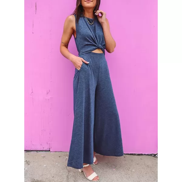 Happy Sailed Women's Summer One Piece Outfits Casual Sleeveless Cut Out Front Knot Jumpsuits Wide Leg Romper with Pockets