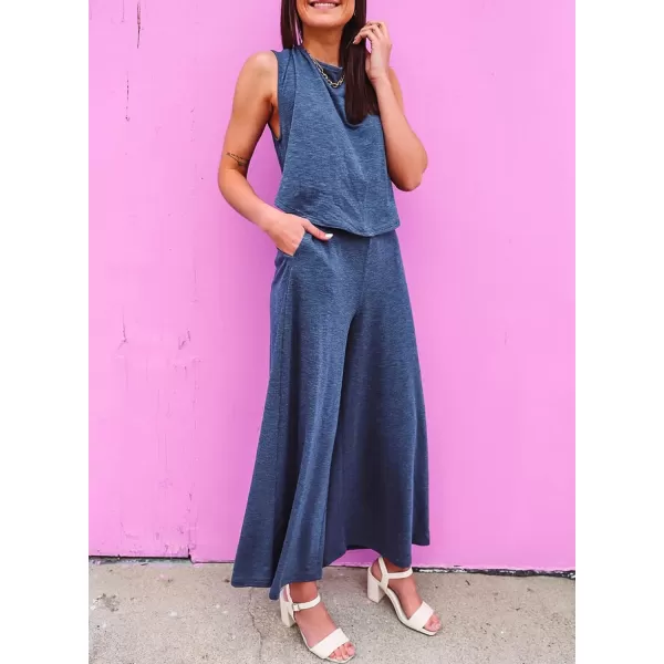 Happy Sailed Women's Summer One Piece Outfits Casual Sleeveless Cut Out Front Knot Jumpsuits Wide Leg Romper with Pockets
