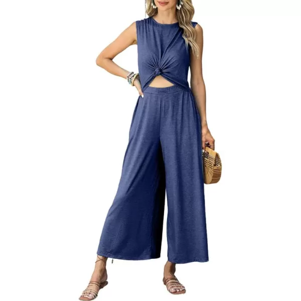 Happy Sailed Women's Summer One Piece Outfits Casual Sleeveless Cut Out Front Knot Jumpsuits Wide Leg Romper with Pockets