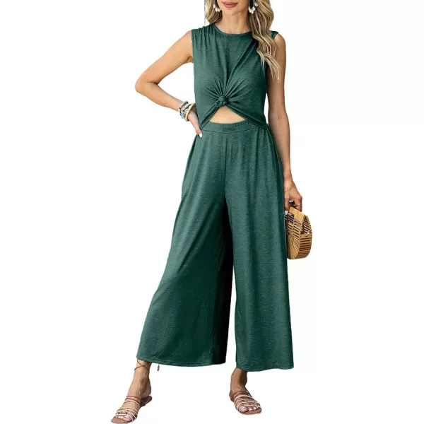 Happy Sailed Women's Summer One Piece Outfits Casual Sleeveless Cut Out Front Knot Jumpsuits Wide Leg Romper with Pockets