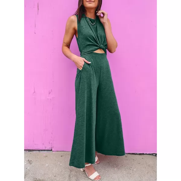 Happy Sailed Women's Summer One Piece Outfits Casual Sleeveless Cut Out Front Knot Jumpsuits Wide Leg Romper with Pockets