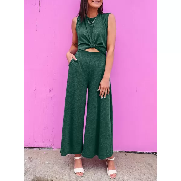 Happy Sailed Women's Summer One Piece Outfits Casual Sleeveless Cut Out Front Knot Jumpsuits Wide Leg Romper with Pockets