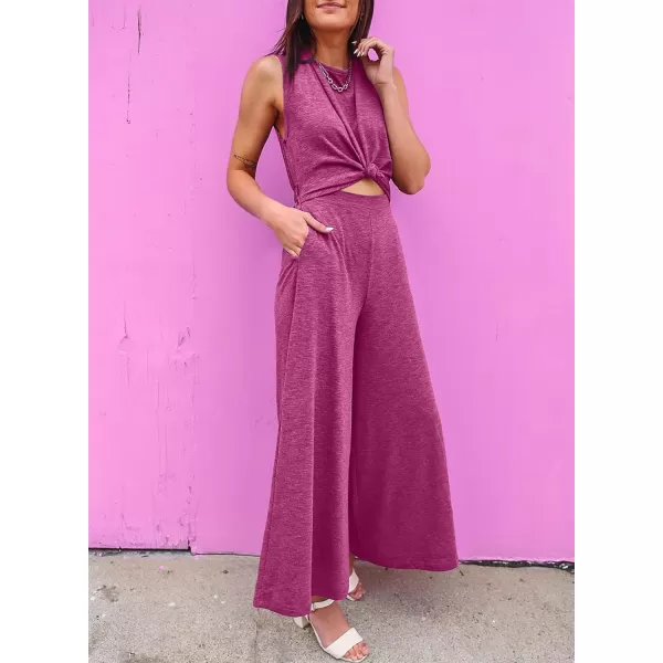 Happy Sailed Women's Summer One Piece Outfits Casual Sleeveless Cut Out Front Knot Jumpsuits Wide Leg Romper with Pockets