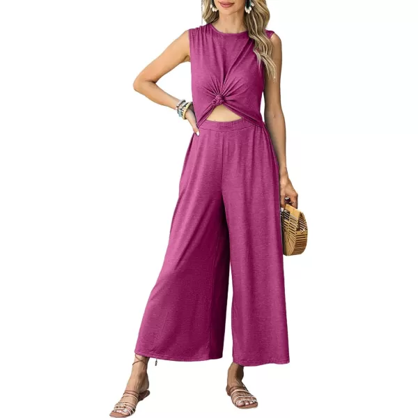 Happy Sailed Women's Summer One Piece Outfits Casual Sleeveless Cut Out Front Knot Jumpsuits Wide Leg Romper with Pockets
