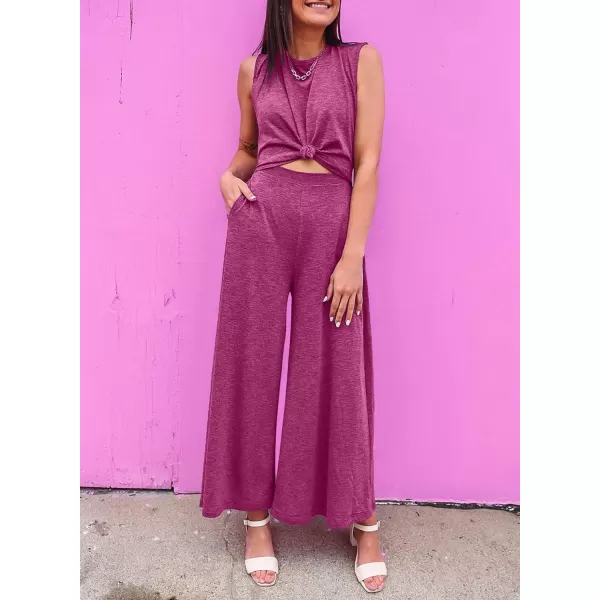 Happy Sailed Women's Summer One Piece Outfits Casual Sleeveless Cut Out Front Knot Jumpsuits Wide Leg Romper with Pockets