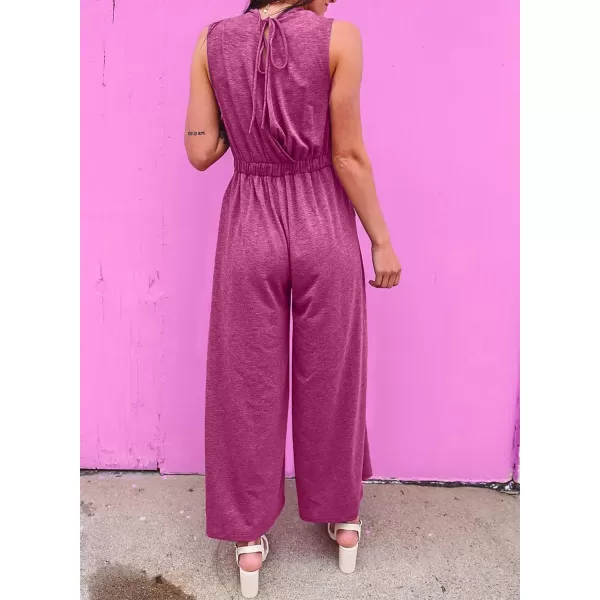 Happy Sailed Women's Summer One Piece Outfits Casual Sleeveless Cut Out Front Knot Jumpsuits Wide Leg Romper with Pockets
