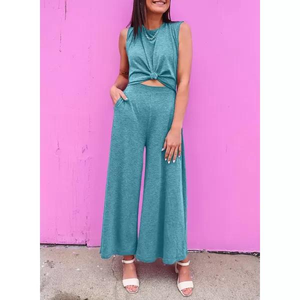 Happy Sailed Women's Summer One Piece Outfits Casual Sleeveless Cut Out Front Knot Jumpsuits Wide Leg Romper with Pockets