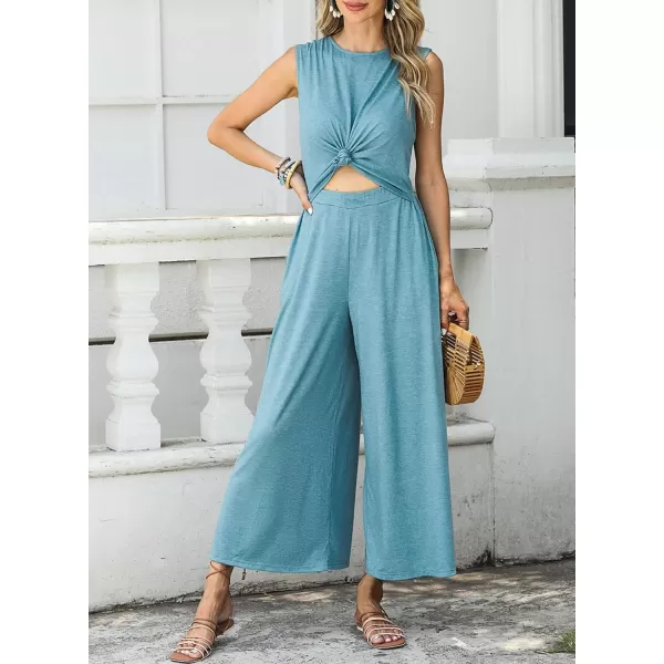 Happy Sailed Women's Summer One Piece Outfits Casual Sleeveless Cut Out Front Knot Jumpsuits Wide Leg Romper with Pockets