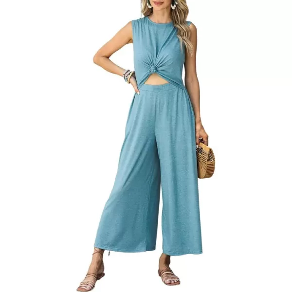 Happy Sailed Women's Summer One Piece Outfits Casual Sleeveless Cut Out Front Knot Jumpsuits Wide Leg Romper with Pockets