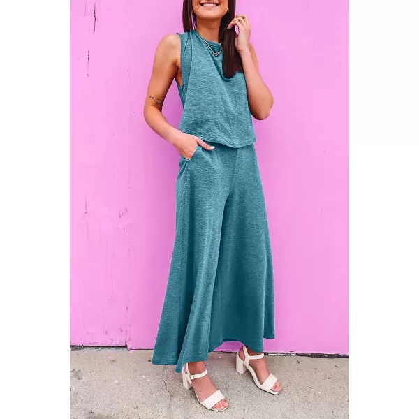 Happy Sailed Women's Summer One Piece Outfits Casual Sleeveless Cut Out Front Knot Jumpsuits Wide Leg Romper with Pockets