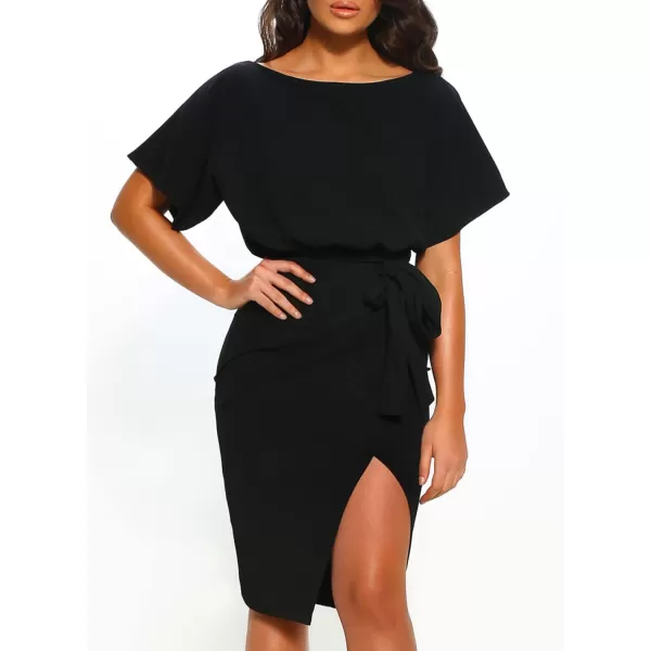 Happy Sailed Womens Wrap Pencil Work Dress Summer Batwing Sleeve Waist Belted Midi Bodycon Cocktail Party Dresses