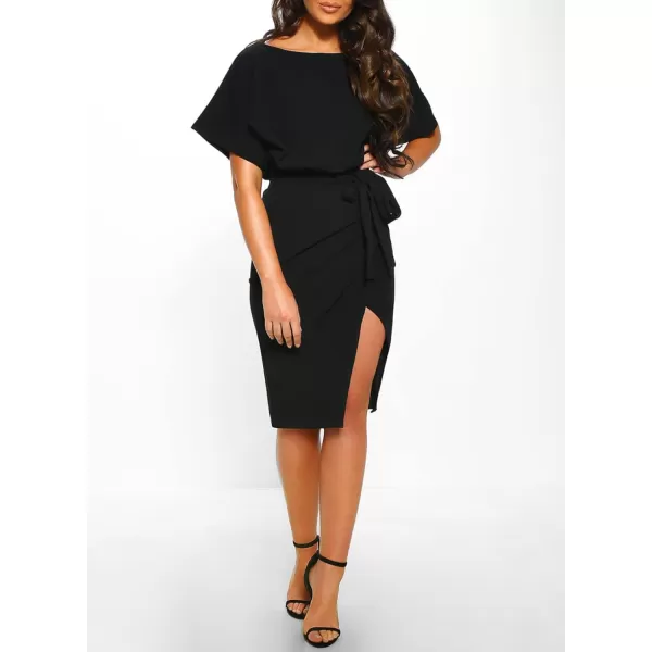 Happy Sailed Womens Wrap Pencil Work Dress Summer Batwing Sleeve Waist Belted Midi Bodycon Cocktail Party Dresses