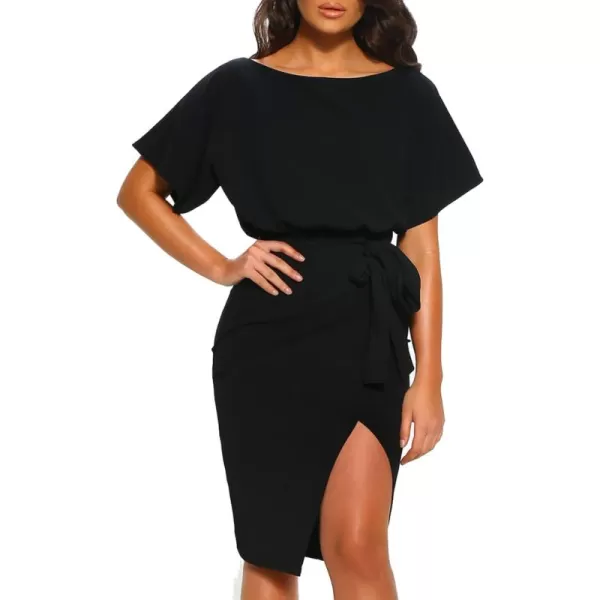 Happy Sailed Womens Wrap Pencil Work Dress Summer Batwing Sleeve Waist Belted Midi Bodycon Cocktail Party Dresses