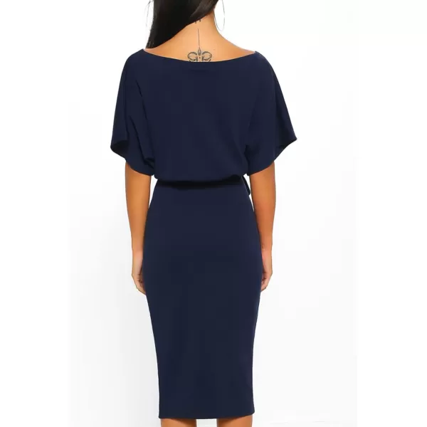 Happy Sailed Womens Wrap Pencil Work Dress Summer Batwing Sleeve Waist Belted Midi Bodycon Cocktail Party Dresses