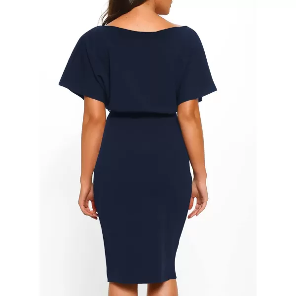Happy Sailed Womens Wrap Pencil Work Dress Summer Batwing Sleeve Waist Belted Midi Bodycon Cocktail Party Dresses