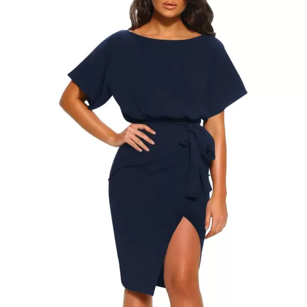 Happy Sailed Womens Wrap Pencil Work Dress Summer Batwing Sleeve Waist Belted Midi Bodycon Cocktail Party Dresses