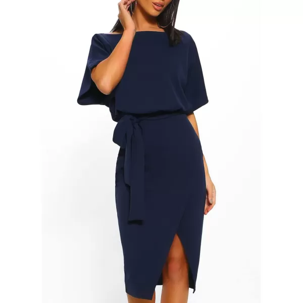 Happy Sailed Womens Wrap Pencil Work Dress Summer Batwing Sleeve Waist Belted Midi Bodycon Cocktail Party Dresses