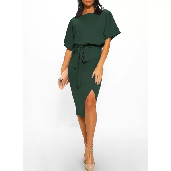 Happy Sailed Womens Wrap Pencil Work Dress Summer Batwing Sleeve Waist Belted Midi Bodycon Cocktail Party Dresses
