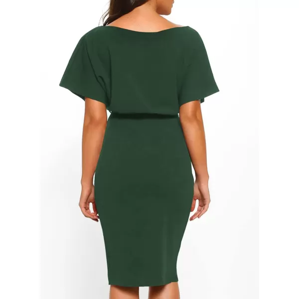 Happy Sailed Womens Wrap Pencil Work Dress Summer Batwing Sleeve Waist Belted Midi Bodycon Cocktail Party Dresses