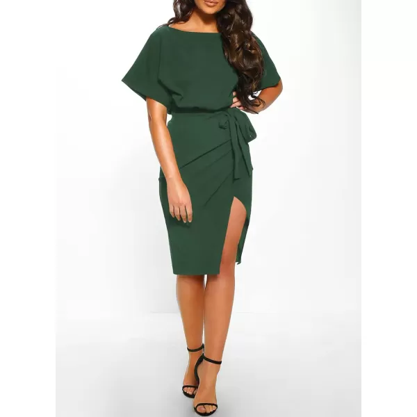 Happy Sailed Womens Wrap Pencil Work Dress Summer Batwing Sleeve Waist Belted Midi Bodycon Cocktail Party Dresses