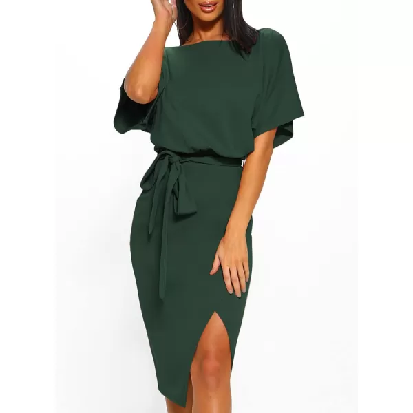 Happy Sailed Womens Wrap Pencil Work Dress Summer Batwing Sleeve Waist Belted Midi Bodycon Cocktail Party Dresses