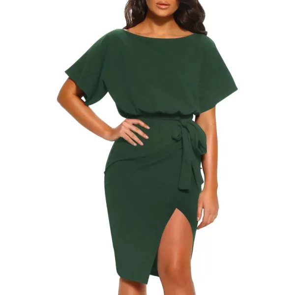 Happy Sailed Womens Wrap Pencil Work Dress Summer Batwing Sleeve Waist Belted Midi Bodycon Cocktail Party Dresses