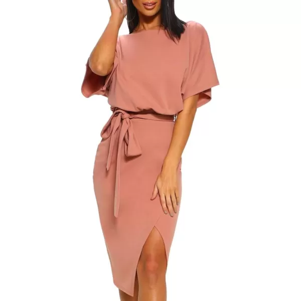 Happy Sailed Womens Wrap Pencil Work Dress Summer Batwing Sleeve Waist Belted Midi Bodycon Cocktail Party Dresses