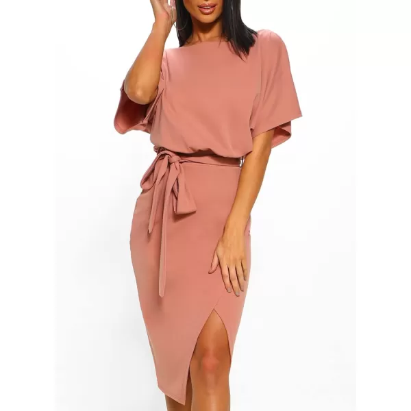Happy Sailed Womens Wrap Pencil Work Dress Summer Batwing Sleeve Waist Belted Midi Bodycon Cocktail Party Dresses