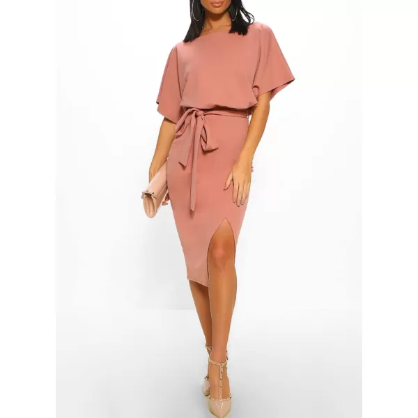Happy Sailed Womens Wrap Pencil Work Dress Summer Batwing Sleeve Waist Belted Midi Bodycon Cocktail Party Dresses