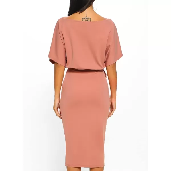 Happy Sailed Womens Wrap Pencil Work Dress Summer Batwing Sleeve Waist Belted Midi Bodycon Cocktail Party Dresses