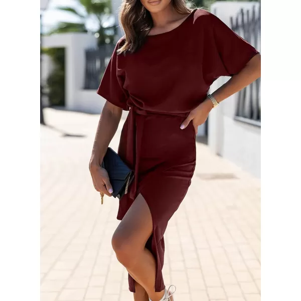 Happy Sailed Womens Wrap Pencil Work Dress Summer Batwing Sleeve Waist Belted Midi Bodycon Cocktail Party Dresses