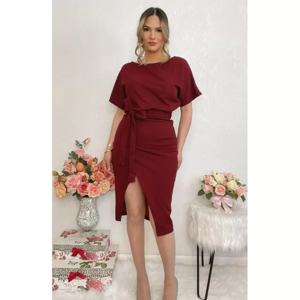 Happy Sailed Womens Wrap Pencil Work Dress Summer Batwing Sleeve Waist Belted Midi Bodycon Cocktail Party Dresses