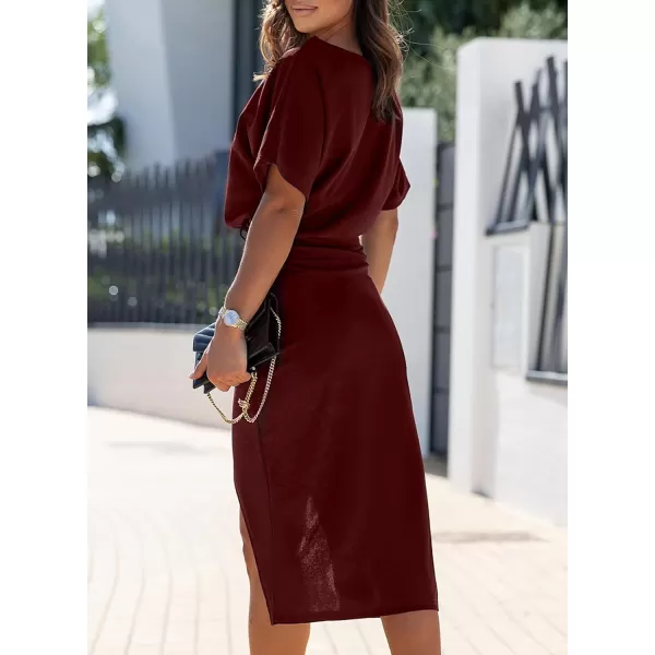 Happy Sailed Womens Wrap Pencil Work Dress Summer Batwing Sleeve Waist Belted Midi Bodycon Cocktail Party Dresses
