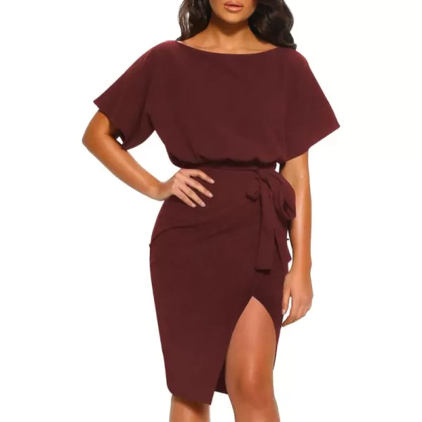 Happy Sailed Womens Wrap Pencil Work Dress Summer Batwing Sleeve Waist Belted Midi Bodycon Cocktail Party Dresses