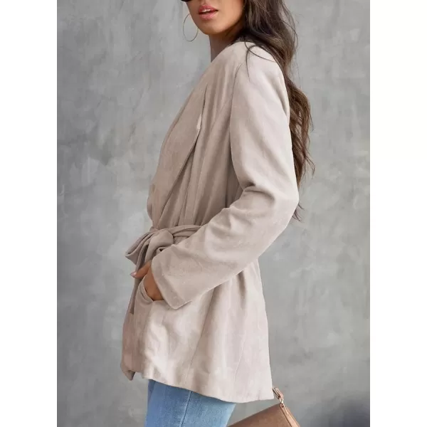 Happy Sailed Womens Faux Suede Jacket Fashion Lapel Neck Pocketed Waist Tie Business Casual Blazers Suits Trendy Outfits