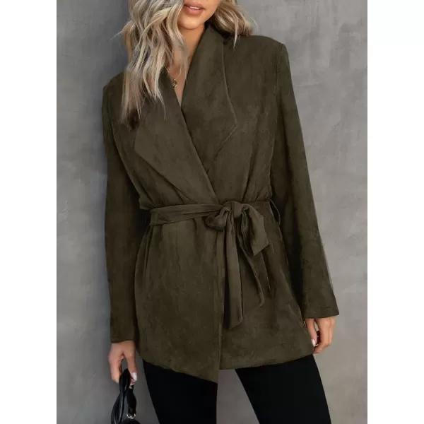 Happy Sailed Womens Faux Suede Jacket Fashion Lapel Neck Pocketed Waist Tie Business Casual Blazers Suits Trendy Outfits