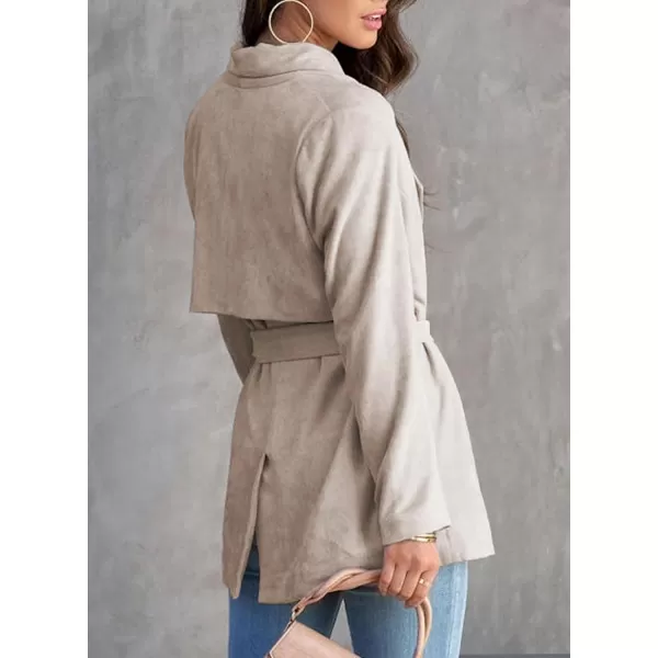 Happy Sailed Womens Faux Suede Jacket Fashion Lapel Neck Pocketed Waist Tie Business Casual Blazers Suits Trendy Outfits