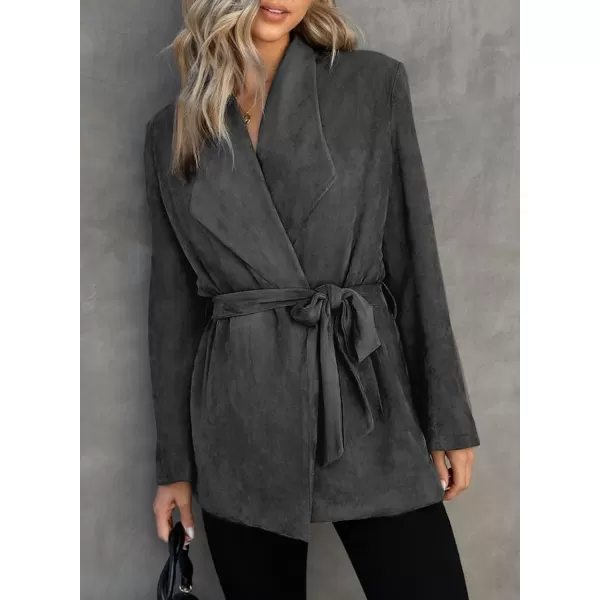 Happy Sailed Womens Faux Suede Jacket Fashion Lapel Neck Pocketed Waist Tie Business Casual Blazers Suits Trendy Outfits