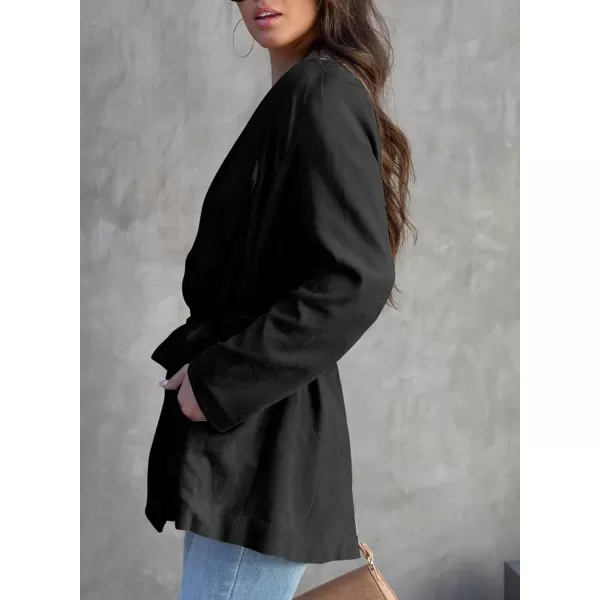 Happy Sailed Womens Faux Suede Jacket Fashion Lapel Neck Pocketed Waist Tie Business Casual Blazers Suits Trendy Outfits