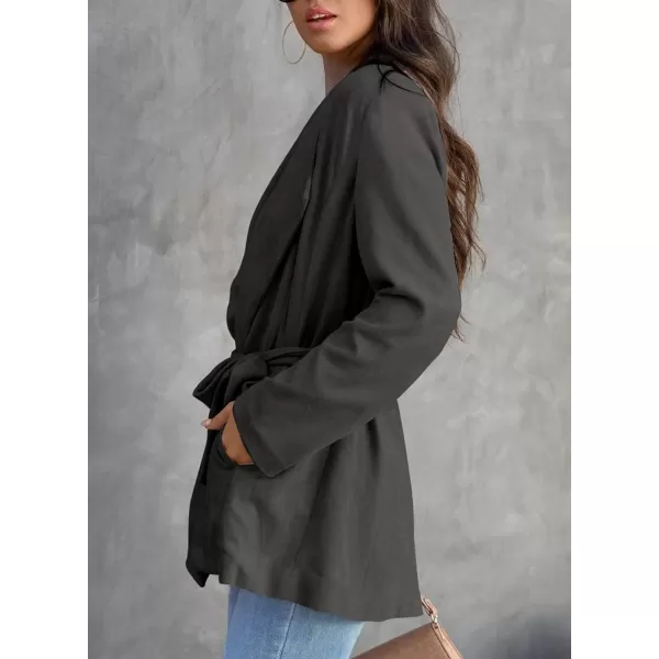 Happy Sailed Womens Faux Suede Jacket Fashion Lapel Neck Pocketed Waist Tie Business Casual Blazers Suits Trendy Outfits