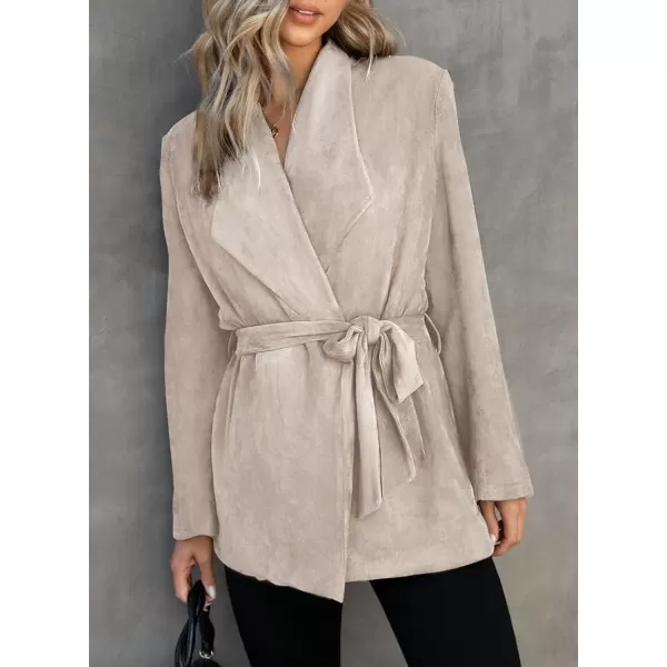 Happy Sailed Womens Faux Suede Jacket Fashion Lapel Neck Pocketed Waist Tie Business Casual Blazers Suits Trendy Outfits