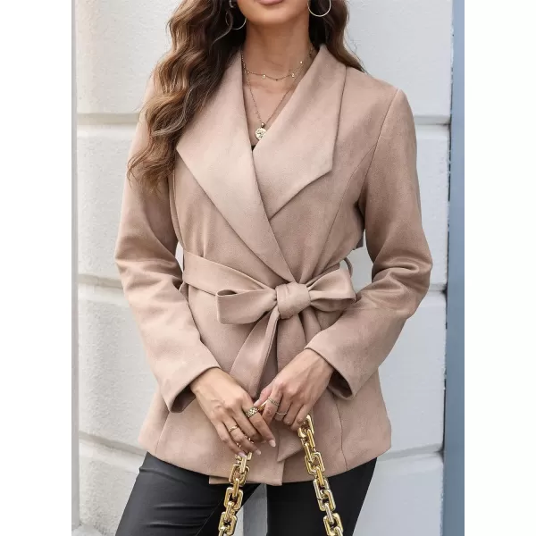 Happy Sailed Womens Faux Suede Jacket Fashion Lapel Neck Pocketed Waist Tie Business Casual Blazers Suits Trendy Outfits